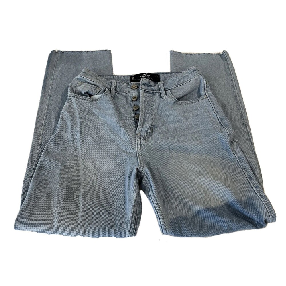 Hollister Ultra HighRise Vintage Straight Jeans Size 0R Stretch Light Blue Unhem